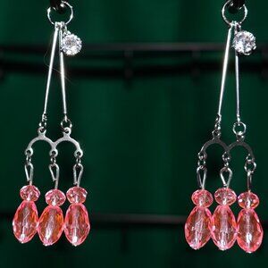 Handmade Clip-On-Drop Earrings Large Pink Teardrop and Small Round Beads - CFH11